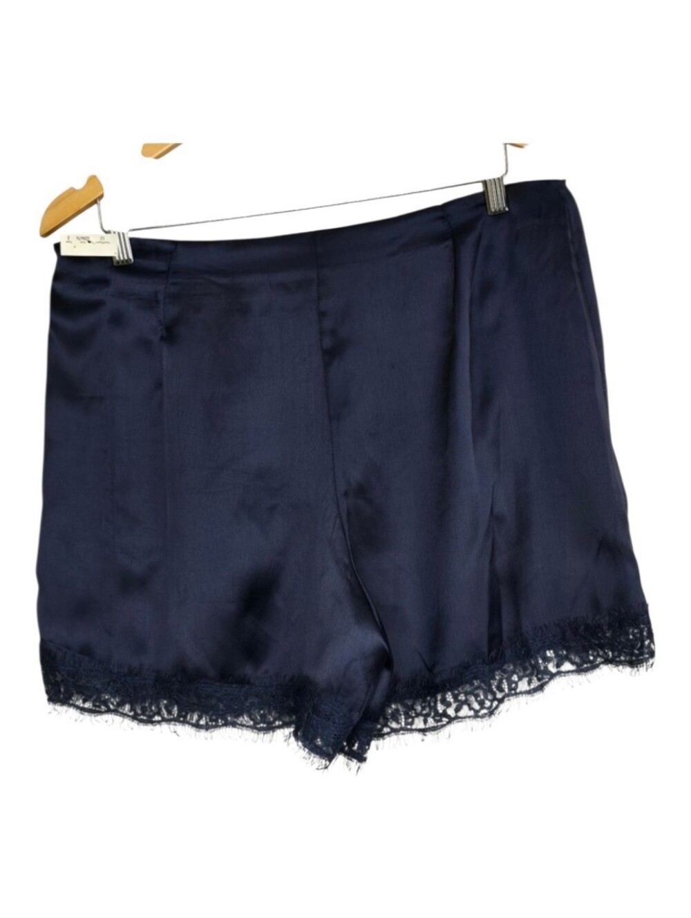 Paper Moon NWT Navy Blue Satin Lace Hem Shorts Sz L Nautical Lightweight Chic